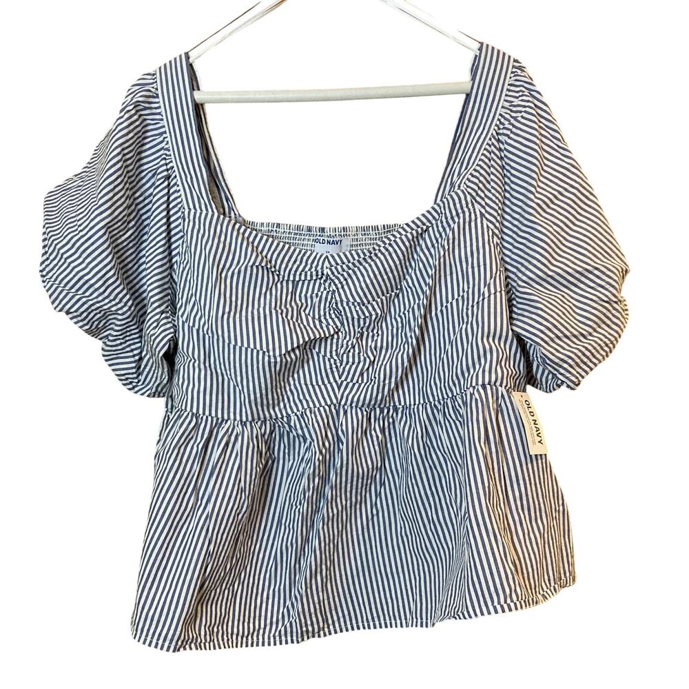 NWT Old Navy Striped Puff Sleeve Babydoll Blouse May All Day Blue Stripe Plus 2X - Picture 1 of 9